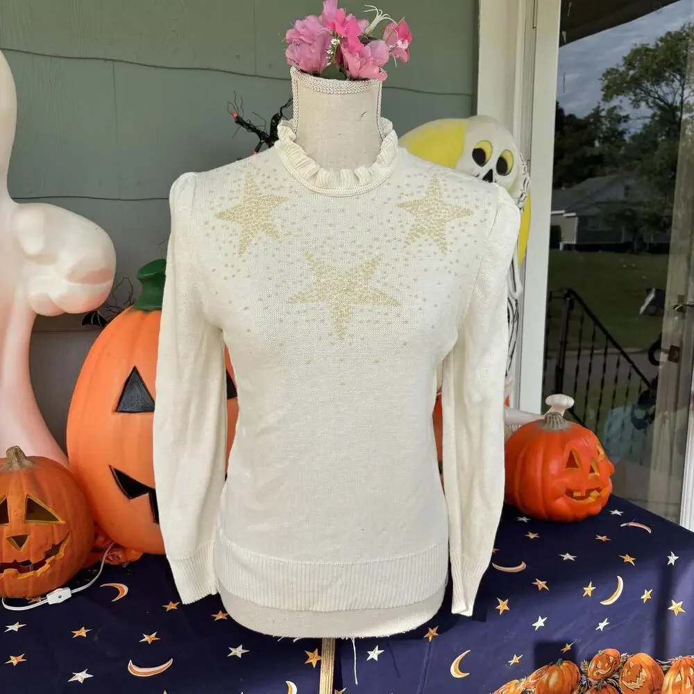 Vtg knit beaded cream sweater - Picture 1 of 5